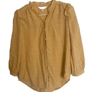 LC Lauren Conrad Womens Floral Prairie Blouse XS Ruffle Trim Button Front Yellow